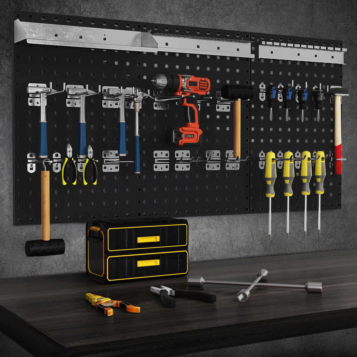3 Pcs Metal Pegboard Panels w/25 Hooks, Storage Platform & Square Hole, Heavy Duty Pegboard Wall Organizer, Peg Board for Workshop Tool Storage