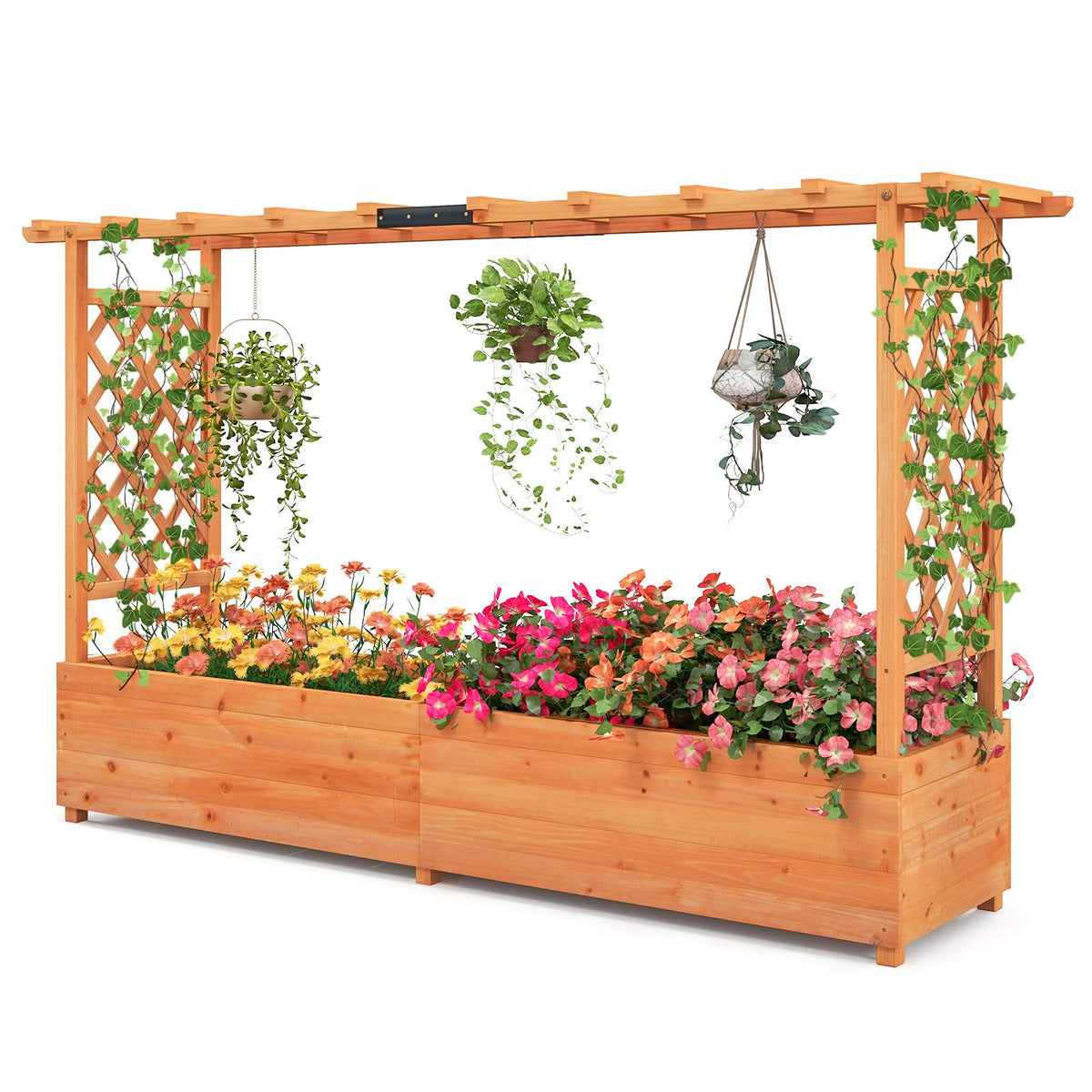 Raised Garden Bed with Trellis & Hanging Roof, 79" Freestanding Wood Planter Box with Drainage Holes for Flower Climbing Plants, Vines, Herbs