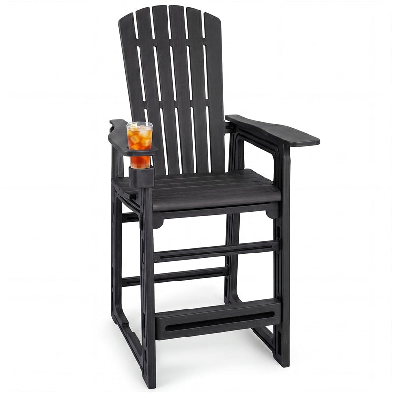 HDPE Tall Adirondack Chair, All-Weather Patio Bar Stool with Cup Holder Armrests, 29" Bar Height Lifeguard Chair for Balcony Pool