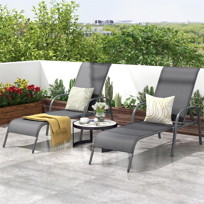 2 PCS Outdoor Chaise Lounges, 5-Position Adjustable Patio Reclining Chairs w/ Armrests, Heavy Duty Steel Sun Loungers for Pool, Yard, Beach