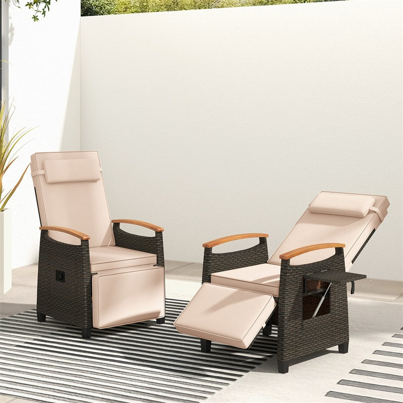 Patio Rattan Wicker Recliner Chair Push Back Reclining Lounge Chair w/Adjustable Backrest & Footrest, Flip Side Table, Cushion