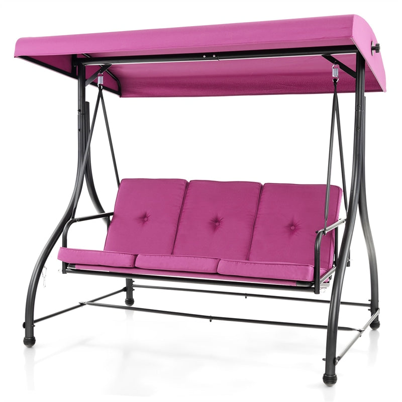 3-Person Porch Swing with Adjustable Canopy, Removable Cushions & Steel Frame, 2-in-1 Convertible Patio Swing Bed for Backyard, Poolside