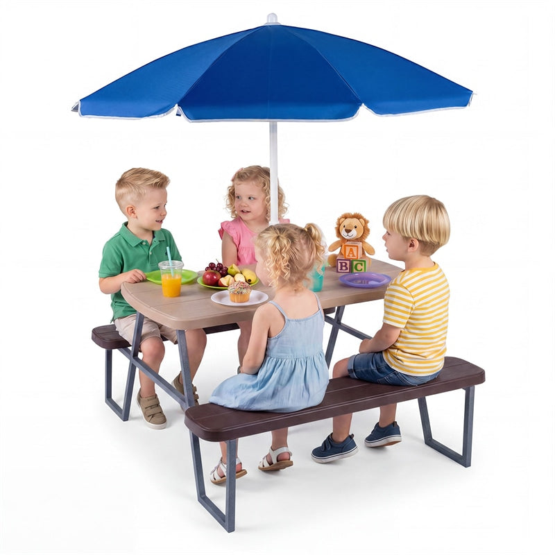 4 Person Kids Picnic Table Bench Set with Removable Umbrella, HDPE Tabletop & Metal Frame, Toddler Outdoor Furniture for Patio Backyard Garden