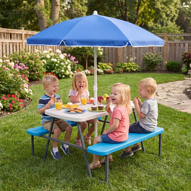 4 Person Kids Picnic Table Bench Set with Removable Umbrella, HDPE Tabletop & Metal Frame, Toddler Outdoor Furniture for Patio Backyard Garden