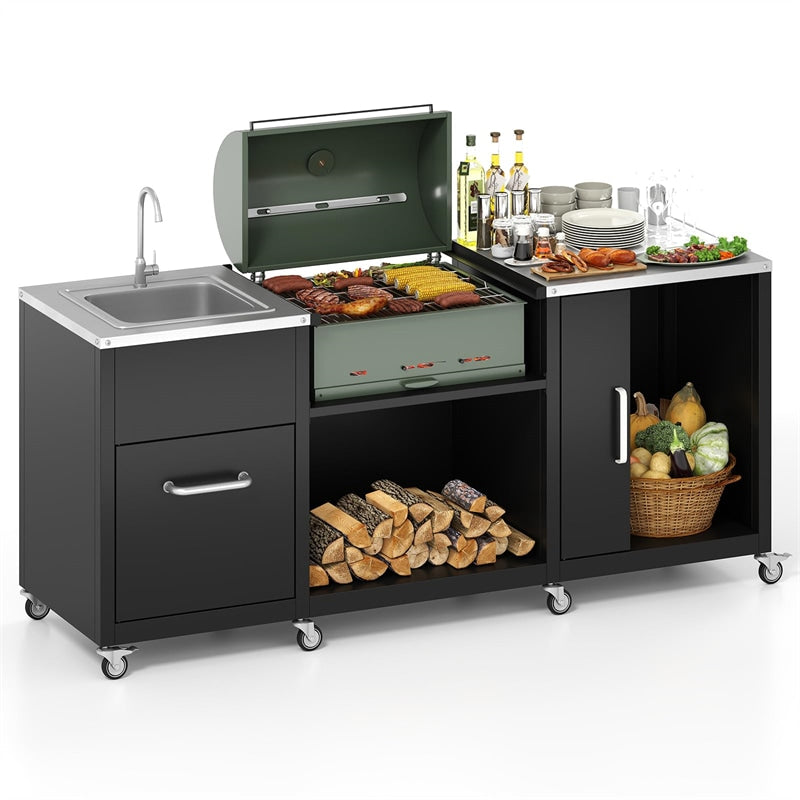 80" Outdoor Grill Table with Sink & Drainage, Heavy Duty Metal Grill Cart w/Cabinet & Removable Stainless Steel Top, Portable BBQ Prep Table on Wheels