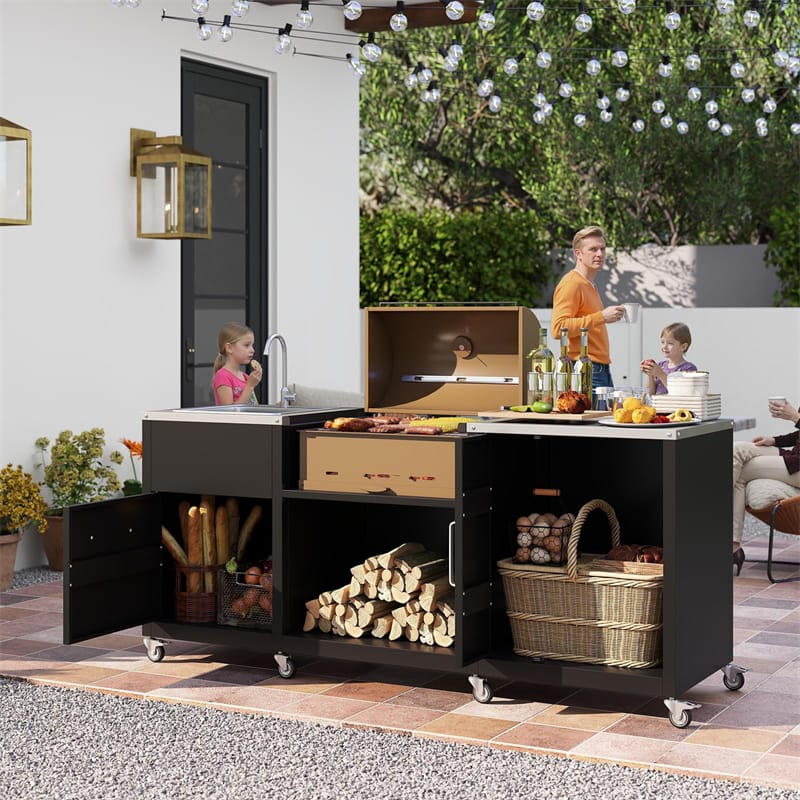 80" Outdoor Grill Table with Sink & Drainage, Heavy Duty Metal Grill Cart w/Cabinet & Removable Stainless Steel Top, Portable BBQ Prep Table on Wheels