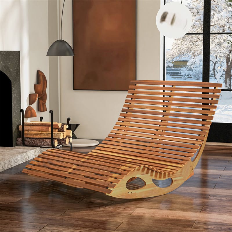 Outdoor Double Rocking Chaise Lounge Chair for 2, Acacia Wood Patio Sun Lounger with Slatted High Backrest & Seat, 440LBS Capacity for Poolside