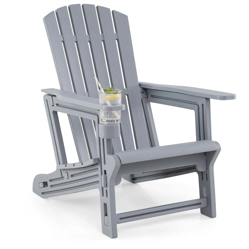 HDPE Adirondack Chair, All-Weather Patio Chair with Cup Holder, Wood-Like Texture, High Back & Wide Seat, 330LBS Outdoor Fire Pit Chair