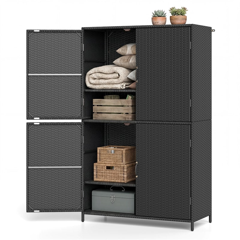 Outdoor PE Rattan Storage Cabinet, 4-Door Vertical Shed Organizer with Adjustable Shelves & Anti-Toppling Device for Patio Garden Backyard