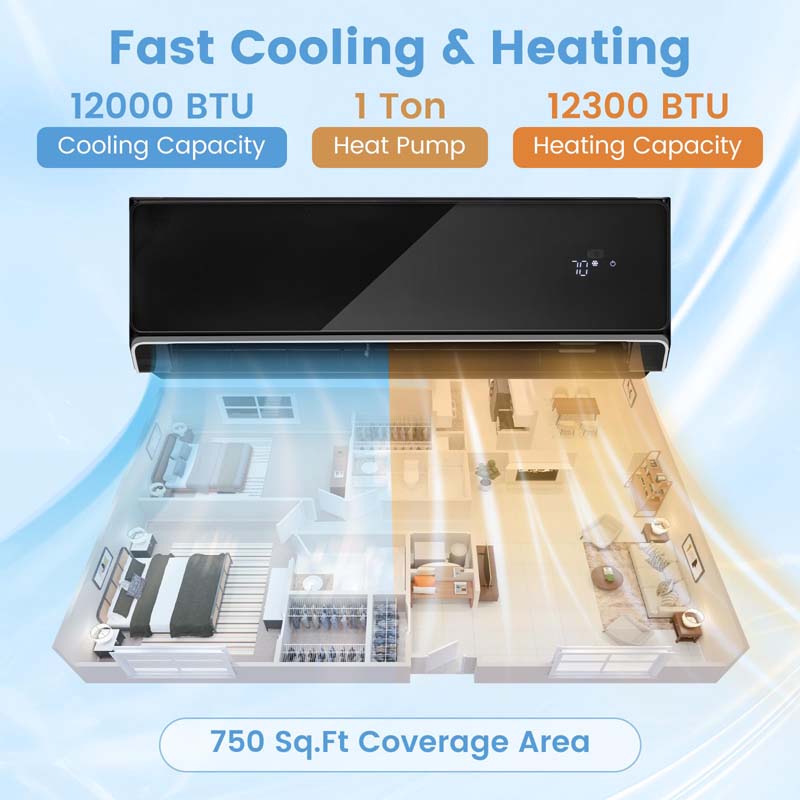 12000 BTU 22 SEER2 WiFi Mini Split Air Conditioner & Heater, 208-230V Inverter Ductless AC Heat Pump, Works with Alexa, Cools up to 750 Sq Ft