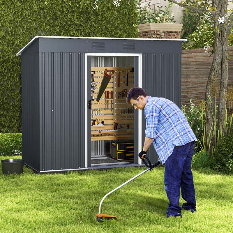3.6 FT x 7.1 FT Metal Outdoor Storage Shed, Weather-Resistant Garden Tool House with Floor Base, Air Vents & Lockable Door for Backyard, Patio, Lawn