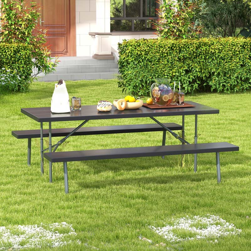 8 Person 6FT Folding Picnic Table Bench Set, All-Weather HDPE Outdoor Dining Table with Umbrella Hole & Heavy Duty Metal Frame for Patio Yard
