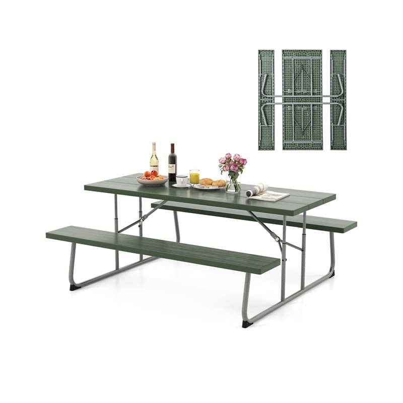 8 Person 6FT Folding Picnic Table Bench Set, All-Weather HDPE Outdoor Dining Table with Umbrella Hole & Heavy Duty Metal Frame for Patio Yard