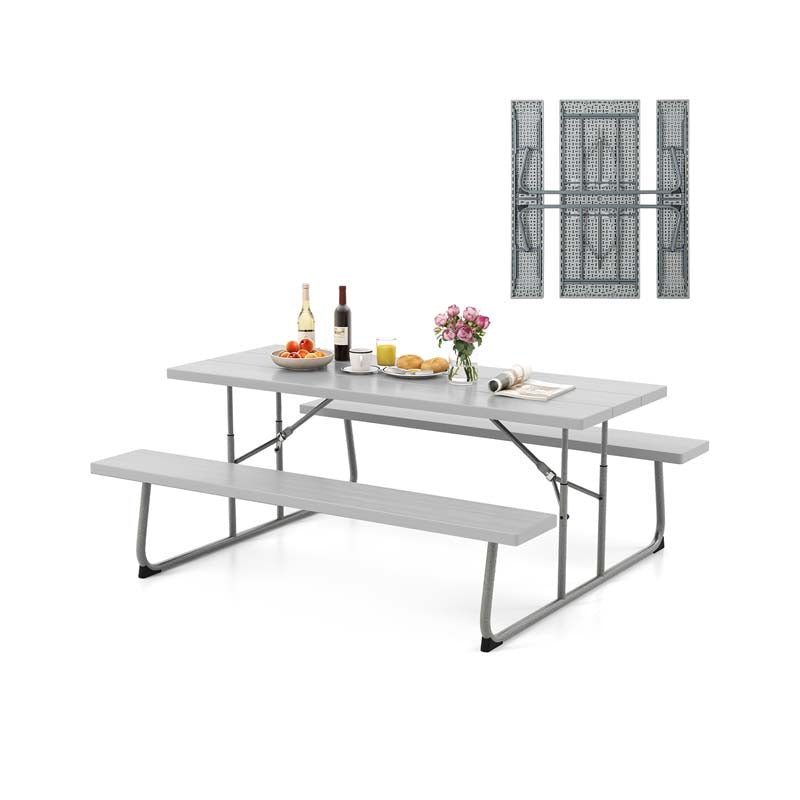 8 Person 6FT Folding Picnic Table Bench Set, All-Weather HDPE Outdoor Dining Table with Umbrella Hole & Heavy Duty Metal Frame for Patio Yard