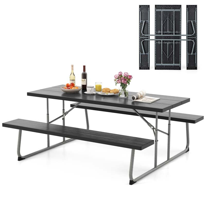 8 Person 6FT Folding Picnic Table Bench Set, All-Weather HDPE Outdoor Dining Table with Umbrella Hole & Heavy Duty Metal Frame for Patio Yard