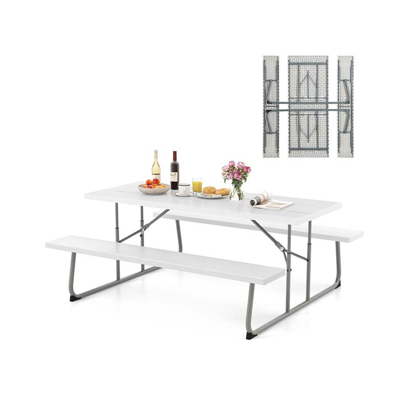 8 Person 6FT Folding Picnic Table Bench Set, All-Weather HDPE Outdoor Dining Table with Umbrella Hole & Heavy Duty Metal Frame for Patio Yard