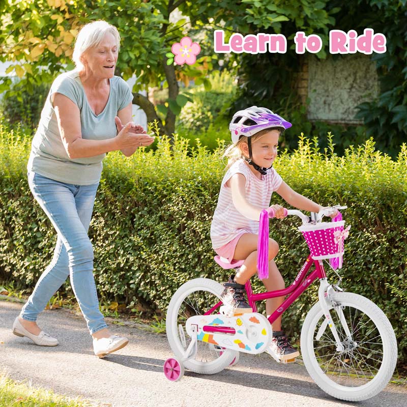 18" Kids Bike with Basket, Removable Training Wheels & Adjustable Padded Seat, Steel Frame Children Bicycle for 4-9 Years Old Girls Boys
