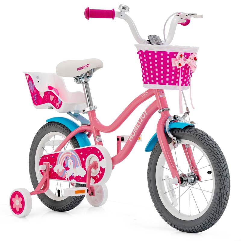 12/14/16/18" Girls Bike with Basket, Doll Seat & Streamers, Removable Training Wheels, Adjustable Kids Bicycle for Ages 3-8 Children Gift