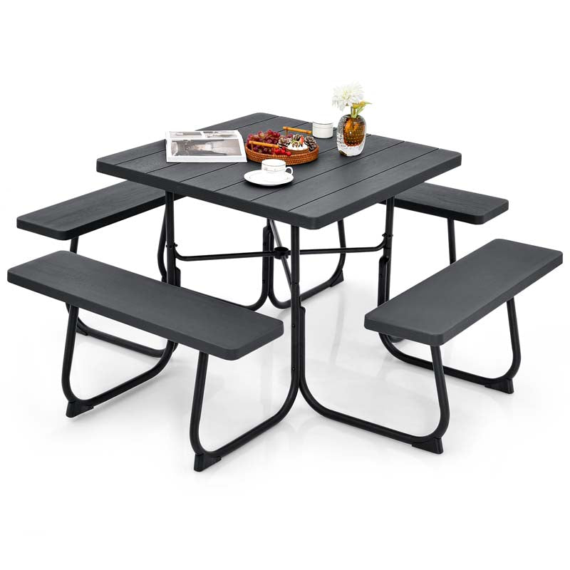 8 Person Square Picnic Table and Bench Set, Outdoor HDPE Patio Dining Set with Umbrella Hole & Metal Frame, 2000lbs Capacity for Backyard