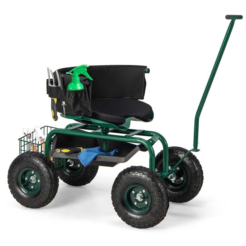 Rolling Garden Cart with 360° Swivel Cushioned Seat, Tool Storage & 2 Steering Handles, Adjustable Outdoor Gardening Scooter Workseat for Seniors
