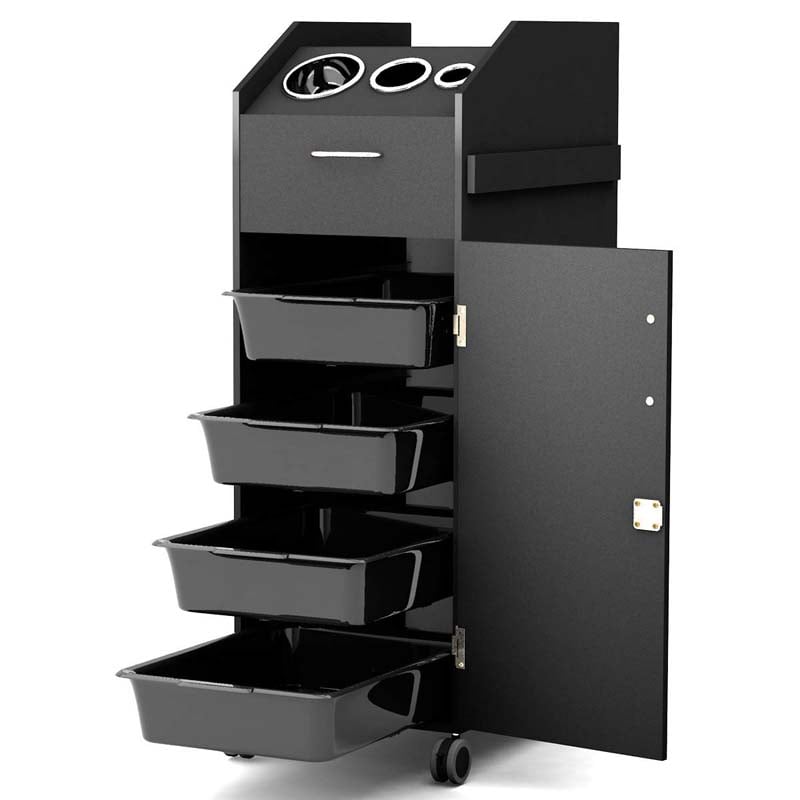 Salon Rolling Trolley Cart with 4 Lockable Drawers, Side Tray & Hair Dryer Holders, Mobile Beauty Salon Station for Spa, Barber, Manicure