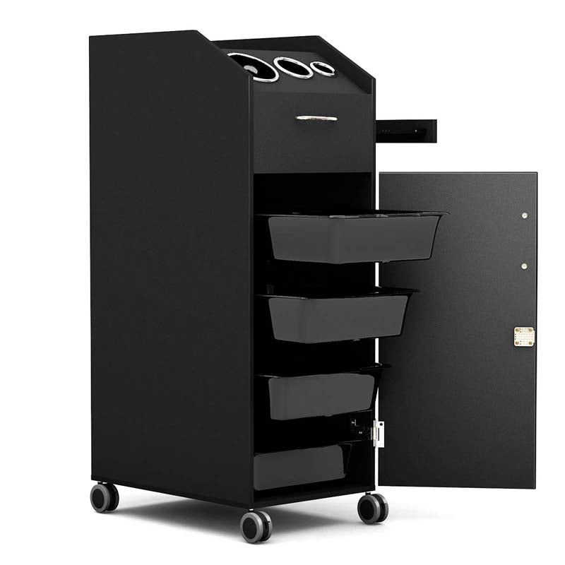 Salon Rolling Trolley Cart with 4 Lockable Drawers, Side Tray & Hair Dryer Holders, Mobile Beauty Salon Station for Spa, Barber, Manicure