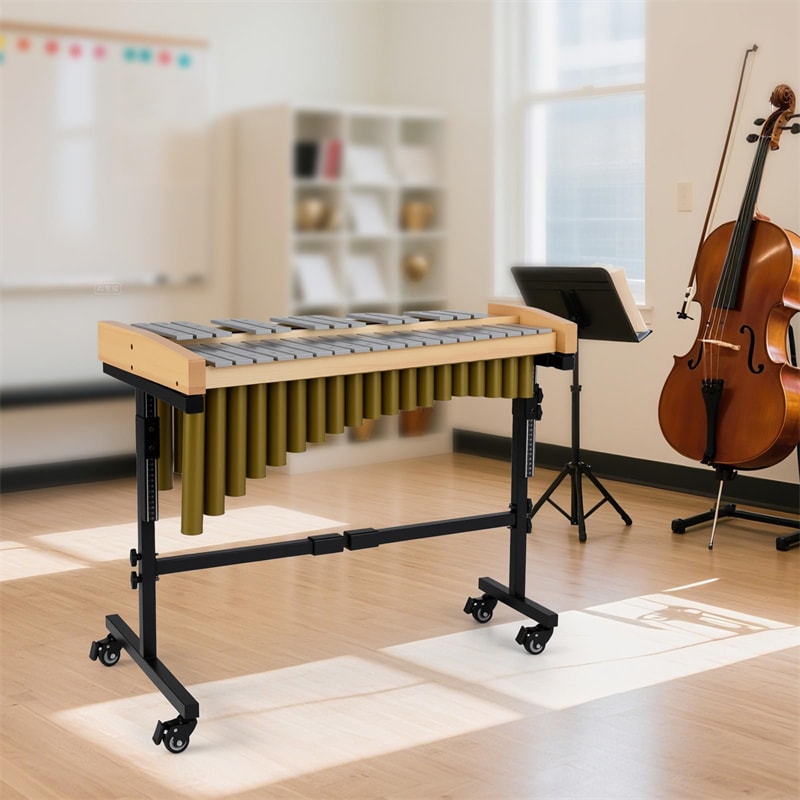 32 Note Marimba Aluminum Xylophone Percussion Instrument w/ Resonator Tubes, Rubber Wood Base, Adjustable Stand, Lockable Wheels, Mallets for Students