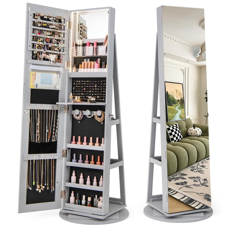 360° Swivel Jewelry Armoire w/ Full-Length Mirror, 3-Color LED Lights, Rear Storage Shelves, Lockable Standing Jewelry Cabinet Organizer