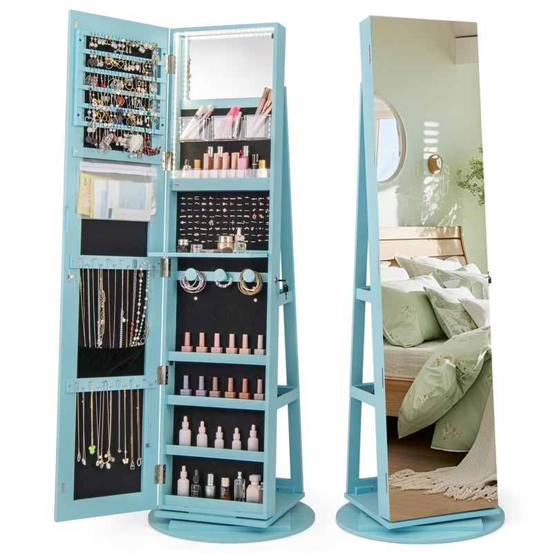 360° Swivel Jewelry Armoire w/ Full-Length Mirror, 3-Color LED Lights, Rear Storage Shelves, Lockable Standing Jewelry Cabinet Organizer