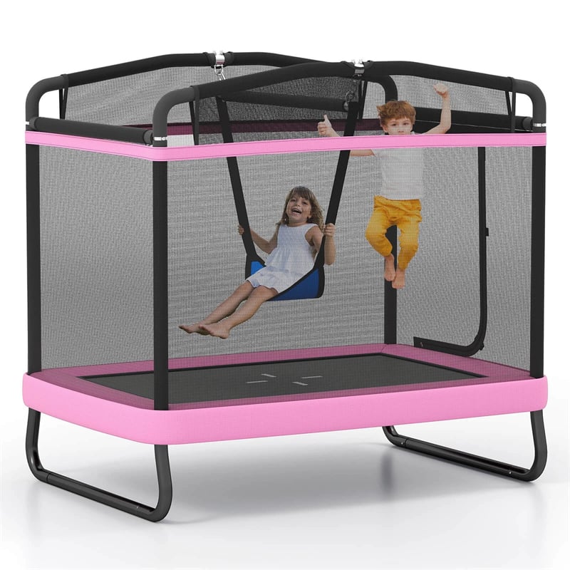 6FT Kids Rectangle Trampoline, ASTM Certified Toddler Rebounder with Swing, Horizontal Bar & Safety Enclosure Net for Indoor Outdoor Use
