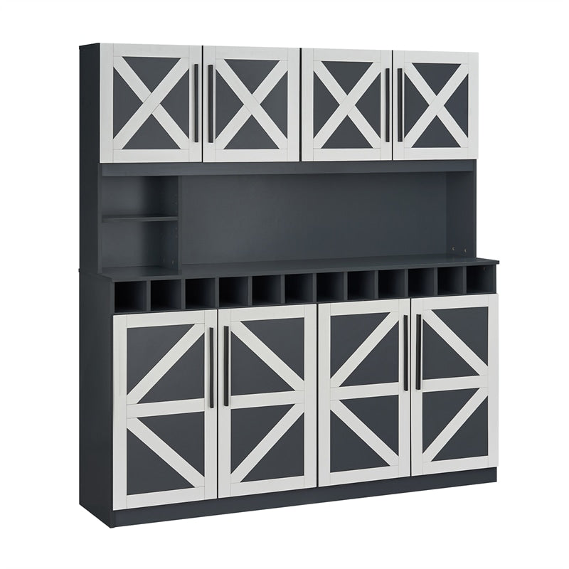 70" Farmhouse Pantry Cabinet, Kitchen Buffet Hutch with 12-Bottle Wine Rack, 8-Door Storage Cupboard, Large Countertop & Adjustable Shelves