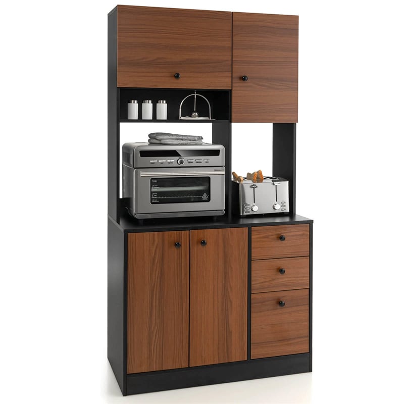 71" Tall Kitchen Pantry Cabinet, Buffet Hutch with 3 Deep Drawers, 4-Door Storage Cupboard, Microwave Stand & Adjustable Shelves, Freestanding