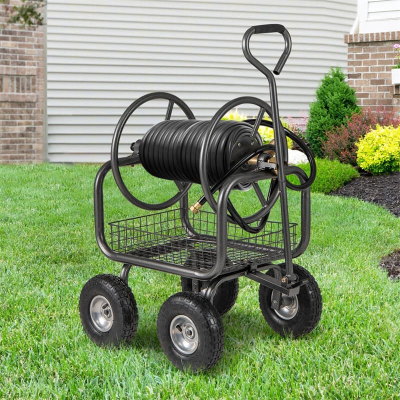 Heavy Duty Garden Hose Reel Cart, Portable 300 FT Large Capacity Metal Hose Cart with 4 Wheels & Storage Basket for Lawn and Garden