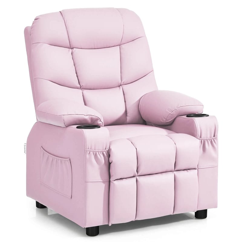 Kids Recliner Chair PU Leather Adjustable Lounge Sofa with Cup Holder, 3 Pockets & Retractable Footrest, Ergonomic Toddler Furniture Sofa
