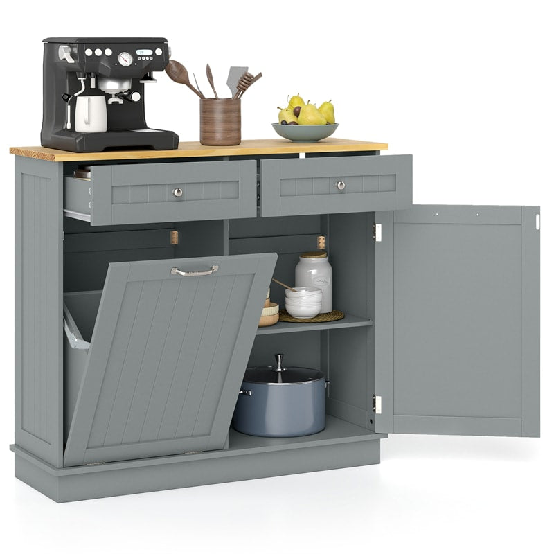 Kitchen Tilt Out Trash Cabinet, Buffet Sideboard w/ Trash Can Holder, 2 Drawers, Rubberwood Countertop & Adj. Shelves, Pet Proof Laundry Hamper