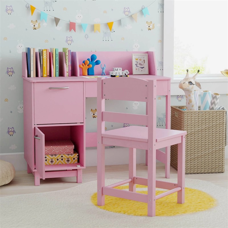 Wooden Kids Desk and Chair Set with Hutch, Storage Drawer & Cabinet, Children School Study Table Writing Computer Workstation for Ages 3-8