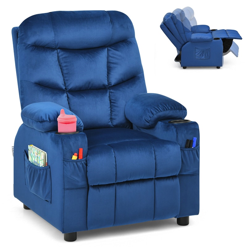 Kids Recliner Chair Adjustable Velvet Lounge Sofa with Cup Holders, 3 Pockets, Retractable Footrest, Toddler Furniture Sofa for Boys Girls Room