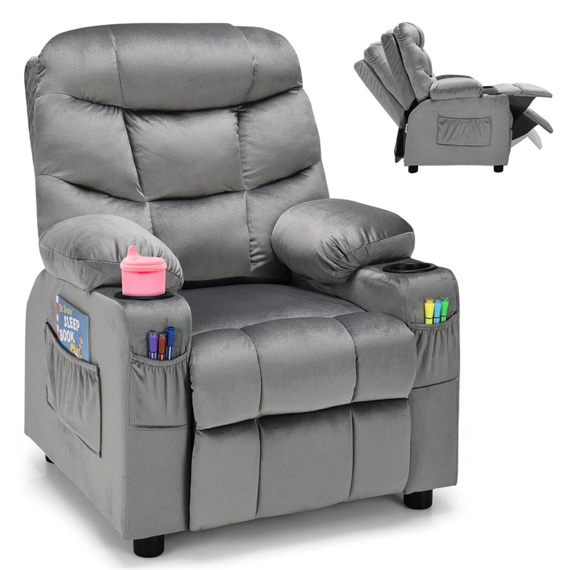 Kids Recliner Chair Adjustable Velvet Lounge Sofa with Cup Holders, 3 Pockets, Retractable Footrest, Toddler Furniture Sofa for Boys Girls Room