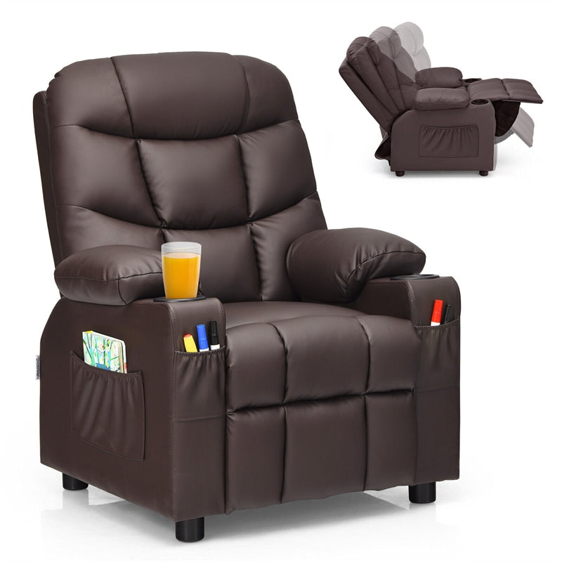 Kids Recliner Chair Adjustable Velvet Lounge Sofa with Cup Holders, 3 Pockets, Retractable Footrest, Toddler Furniture Sofa for Boys Girls Room