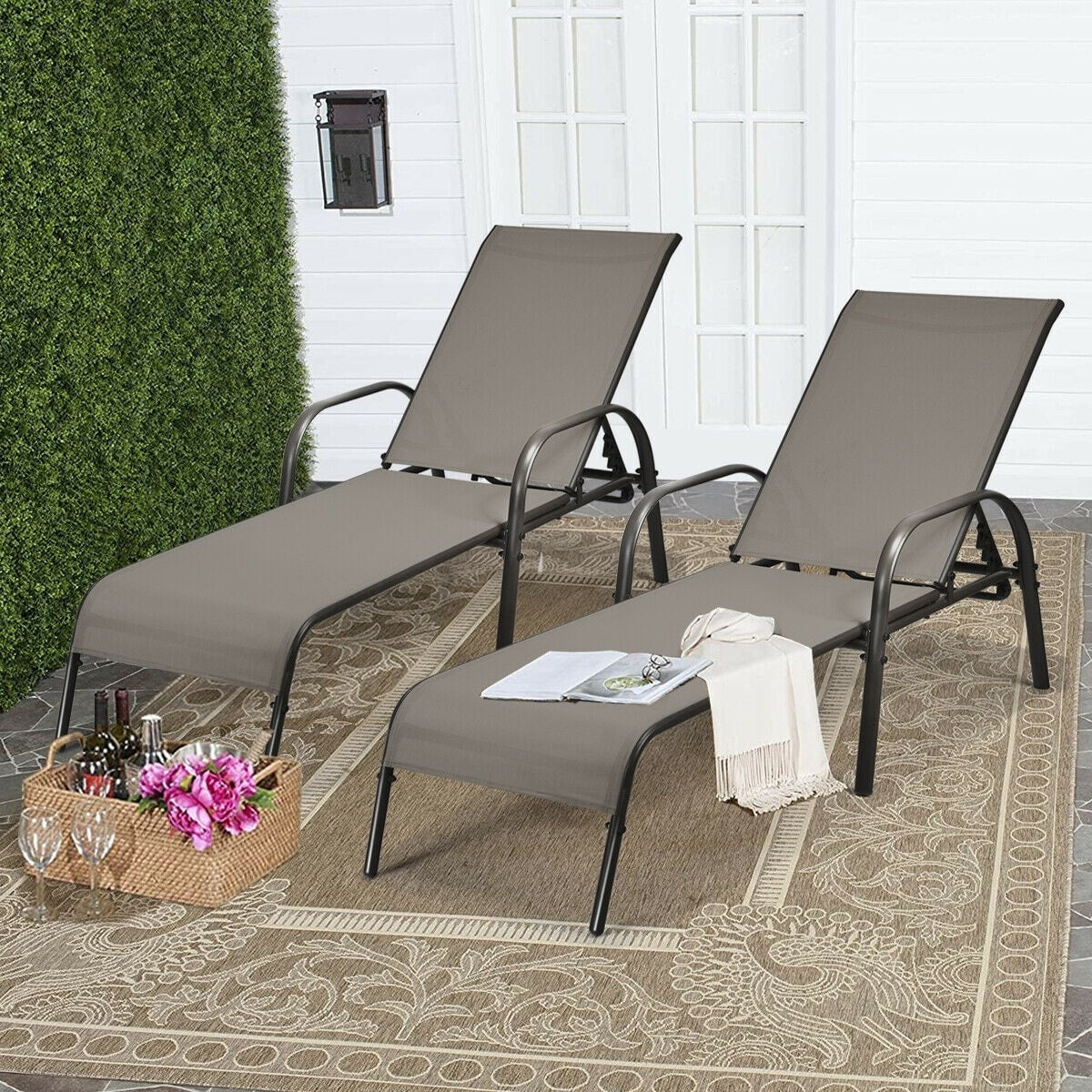 2 PCS Outdoor Chaise Lounges, 5-Position Adjustable Patio Reclining Chairs w/ Armrests, Heavy Duty Steel Sun Loungers for Pool, Yard, Beach