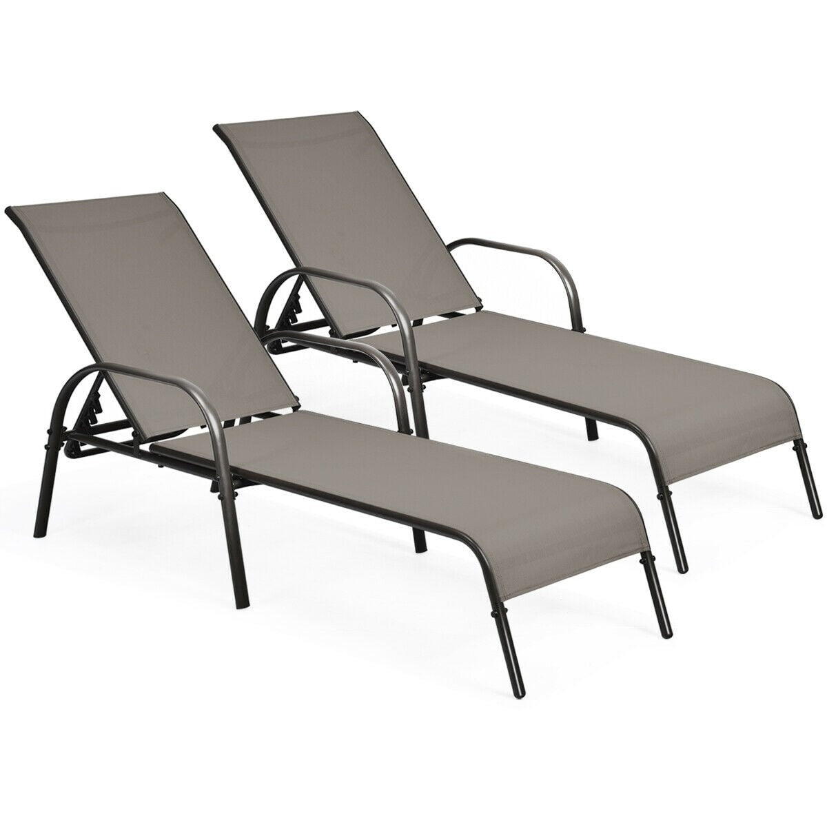 2 PCS Outdoor Chaise Lounges, 5-Position Adjustable Patio Reclining Chairs w/ Armrests, Heavy Duty Steel Sun Loungers for Pool, Yard, Beach