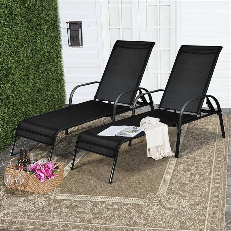 2 PCS Outdoor Chaise Lounges, 5-Position Adjustable Patio Reclining Chairs w/ Armrests, Heavy Duty Steel Sun Loungers for Pool, Yard, Beach