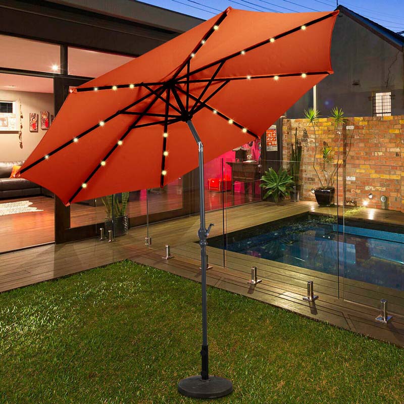 10FT Patio Umbrella with Solar LED Lights & Crank, Easy Tilt Outdoor Market Umbrella for Backyard, Poolside, Deck