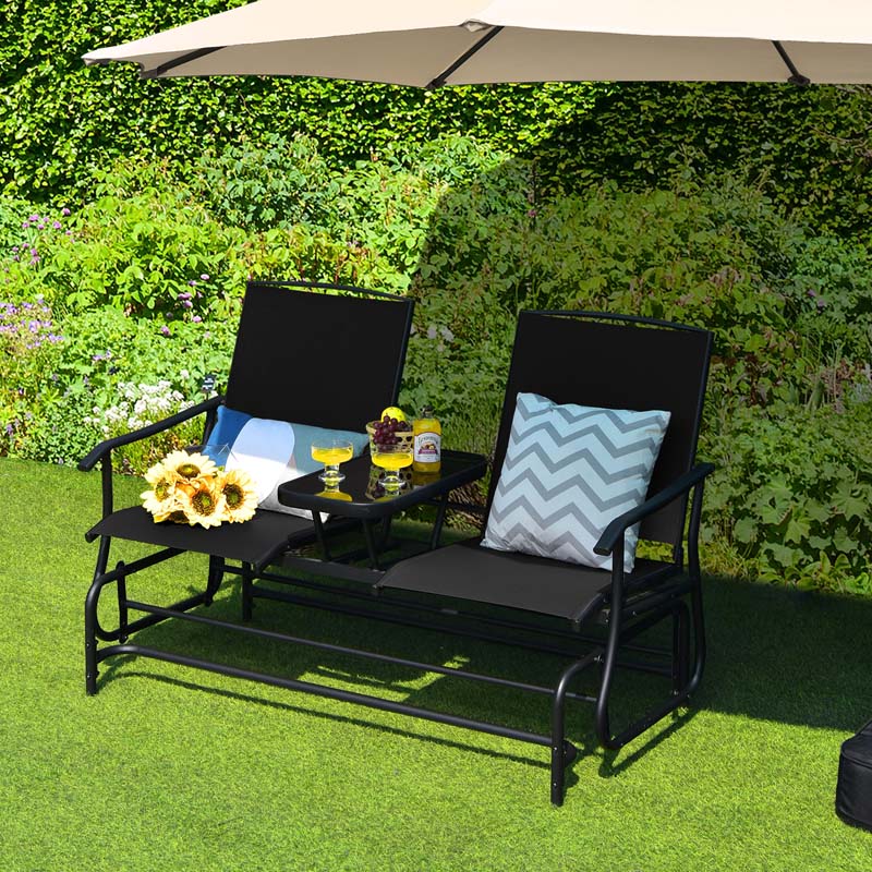 2-Person Outdoor Glider Bench with Center Table, Mesh Fabric Patio Double Rocking Loveseat Chair for Backyard, Poolside