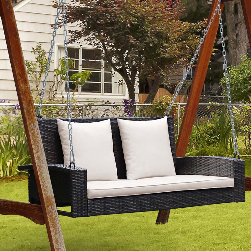 2-Person Rattan Wicker Hanging Porch Swing, Outdoor Patio Swing Bench with Cushions & Sturdy Steel Chains, 800lbs Capacity for Backyard
