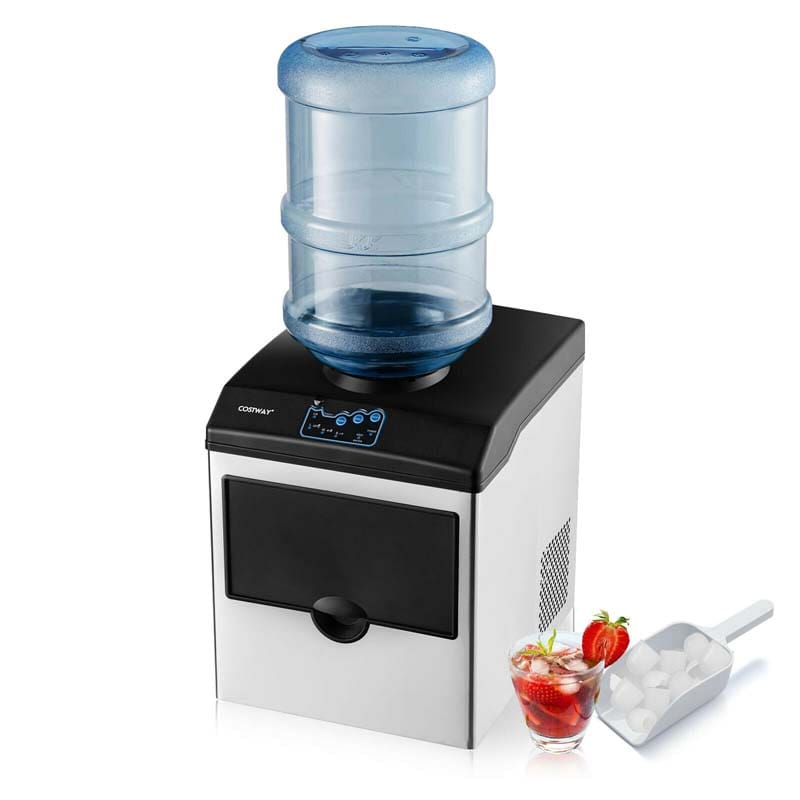 2-in-1 Countertop Ice Maker with Water Dispenser, 48LBS/24H Stainless Steel Ice Machine with 5LBS Ice Basket & 2-Way Water Inlet for Home Bar, Office