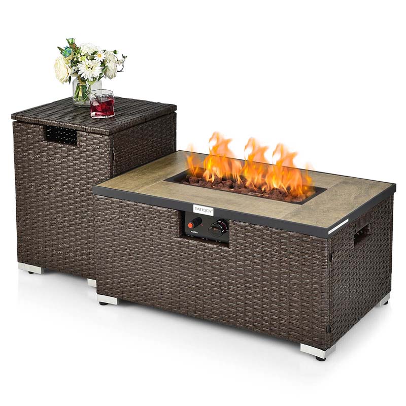 2-Piece Propane Fire Pit Table Set with Hideaway Tank Holder, 40000 BTU Outdoor Rattan Gas Firepit, Lava Rocks & Waterproof Cover for Backyard
