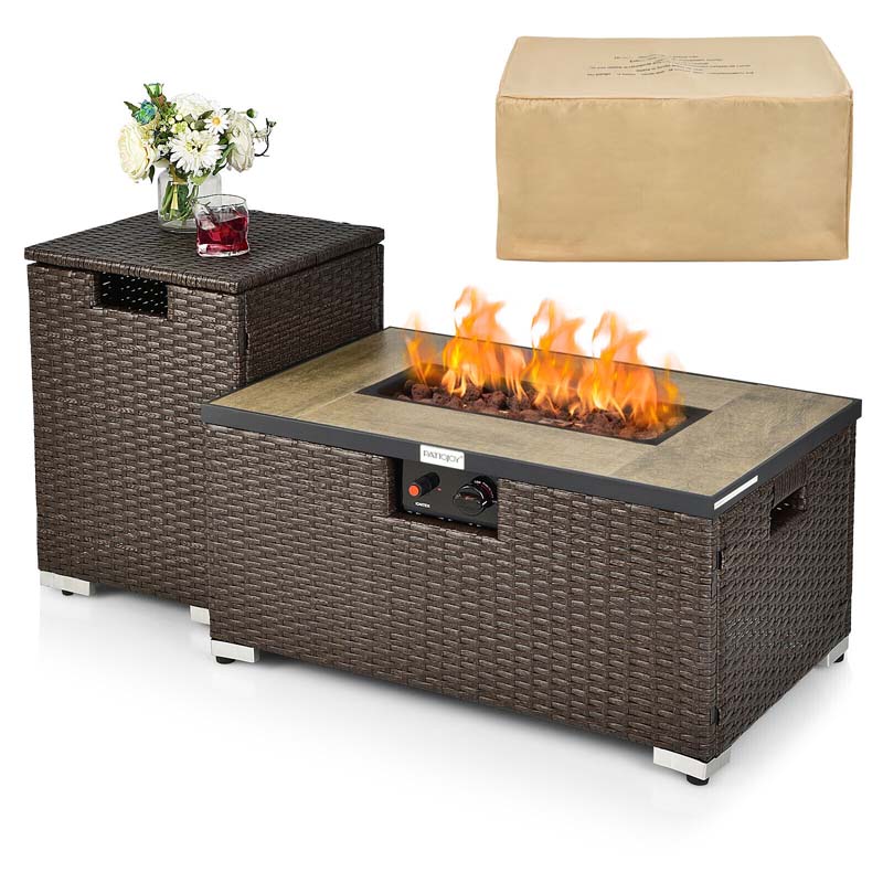 2-Piece Propane Fire Pit Table Set with Hideaway Tank Holder, 40000 BTU Outdoor Rattan Gas Firepit, Lava Rocks & Waterproof Cover for Backyard