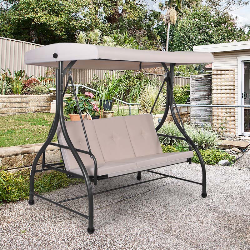 3-Person Porch Swing with Adjustable Canopy, Removable Cushions & Steel Frame, 2-in-1 Convertible Patio Swing Bed for Backyard, Poolside
