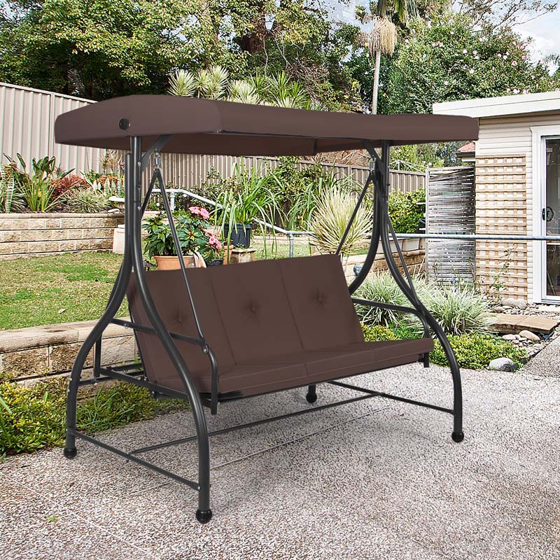 3-Person Porch Swing with Adjustable Canopy, Removable Cushions & Steel Frame, 2-in-1 Convertible Patio Swing Bed for Backyard, Poolside